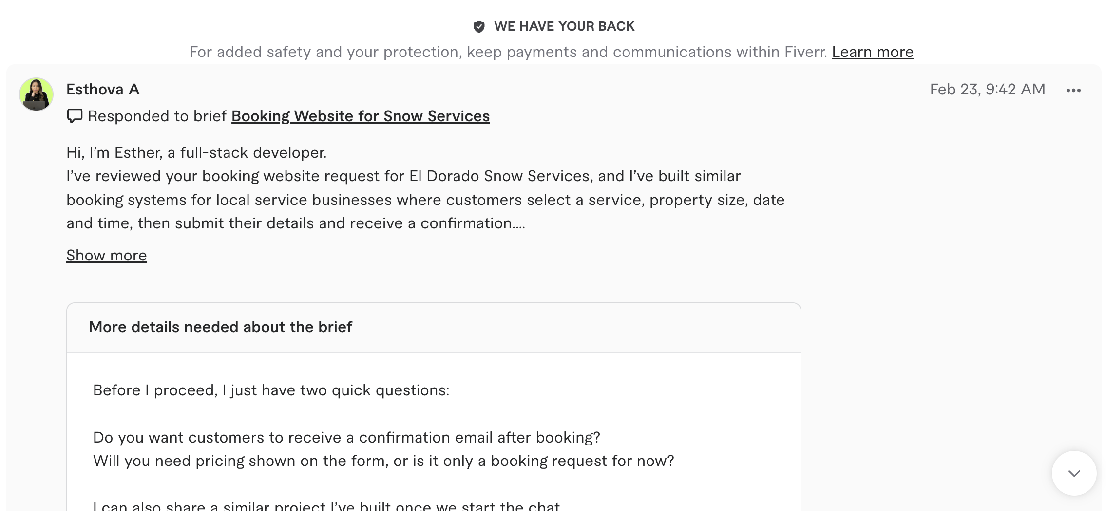 Screenshot of Esthova A's Fiverr response requesting additional project details