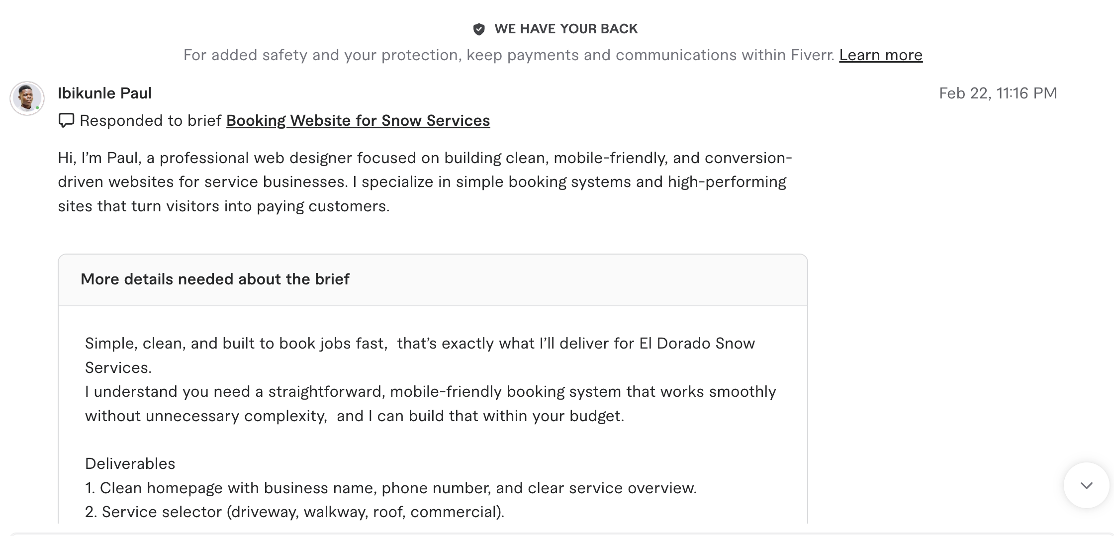 Screenshot of Ibikunle Paul's Fiverr response asking clarifying questions