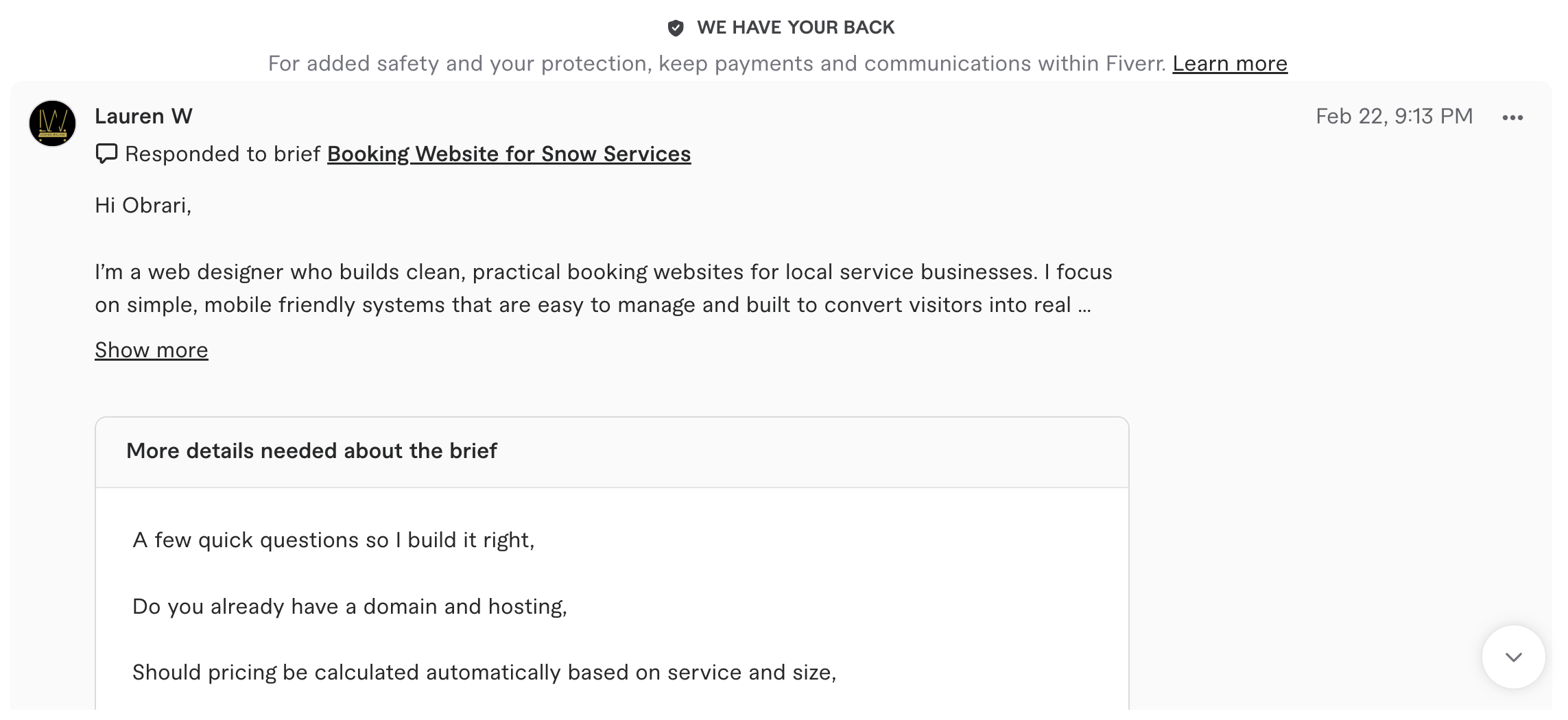 Screenshot of Lauren W's Fiverr response requesting a call before quoting